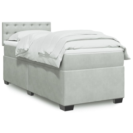 Pat box spring cu saltea, gri deschis, 90x200 cm, catifea