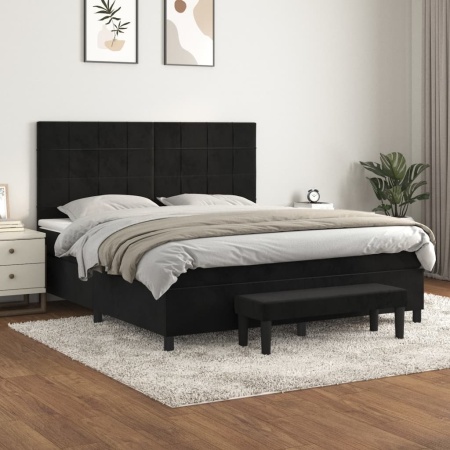 Pat box spring cu saltea, negru, 160x200 cm, catifea - Img 1
