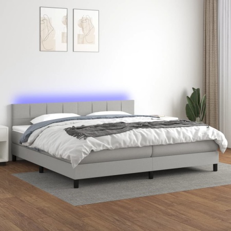 Pat cu arcuri, saltea și LED, gri deschis, 200x200 cm, textil