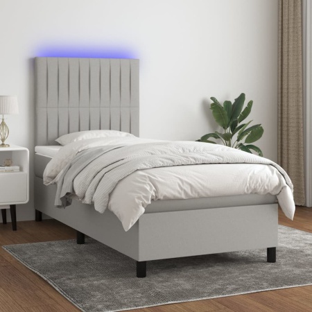 Pat cu arcuri, saltea și LED, gri deschis, 90x190 cm, textil