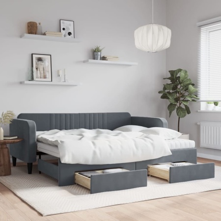 Pat de zi cu extensie și sertare gri închis 90x200 cm catifea
