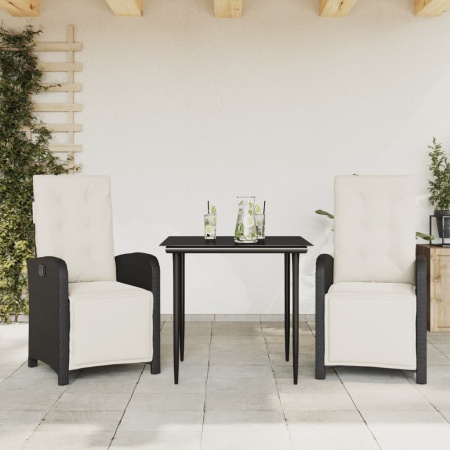 Set bistro cu perne, 3 piese, negru, poliratan