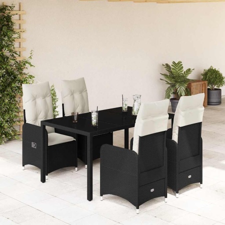 Set bistro de grădină cu perne, 5 piese, negru, poliratan