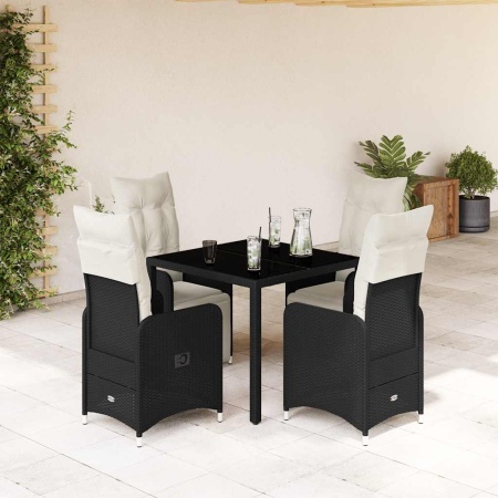 Set bistro de grădină cu perne, 5 piese, negru, poliratan