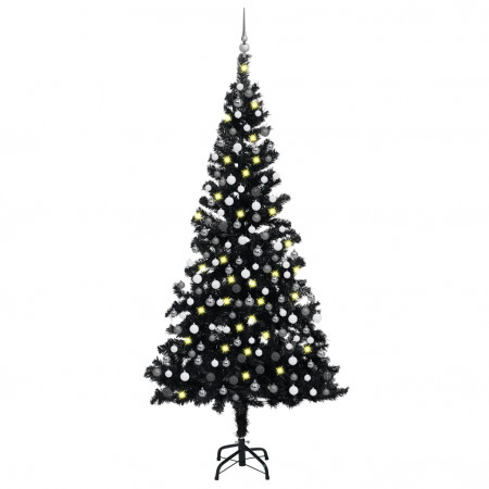 Set brad Crăciun artificial cu LED-uri&amp;globuri negru 210 cm PVC - Img 1