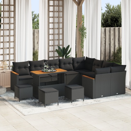 Set Canapea Grădină cu 13 Piese cu Pernă Negru Poli Ratan Acacia, Set de Dining Grădină cu 4 Piese cu Pernă Negru Poli Ratan Acacia