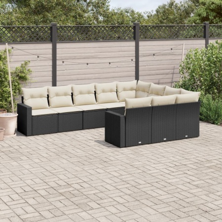 Set canapele de grădină cu perne, 10 piese, negru, poliratan