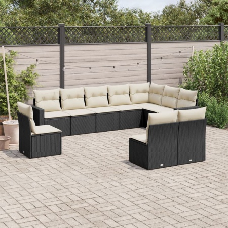 Set canapele de grădină cu perne, 10 piese, negru, poliratan