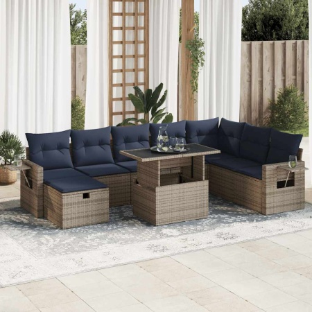 Set canapele de grădină cu perne, 9 piese, maro, poliratan