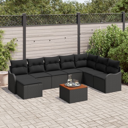Set de Canapele pentru Grădină 9 Piese cu Perne Negru Ratan Polimer Acacia, Canapea pentru Grădină cu Capacitate de 2 Persoane Negru Ratan Polimer