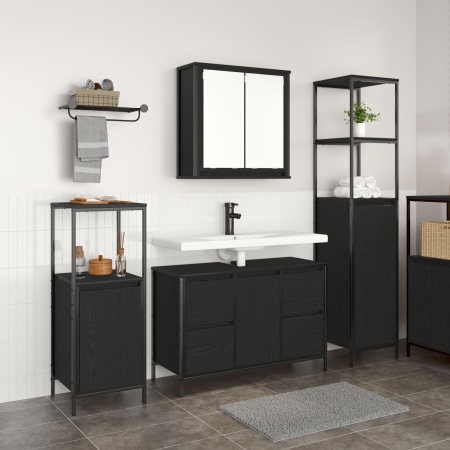 Set de mobilier pentru baie 3 piese - Stejar negru din lemn prelucrat