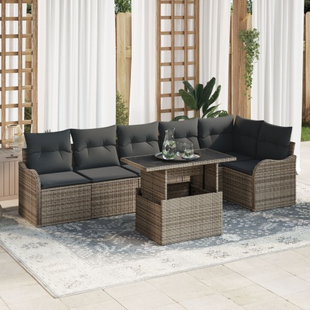 Set de Sofa de Grădină 7 Piese cu Perne Gri Poliratan, Sofa de Grădină 2-Seater cu Perne Gri Poliratan - Img 1