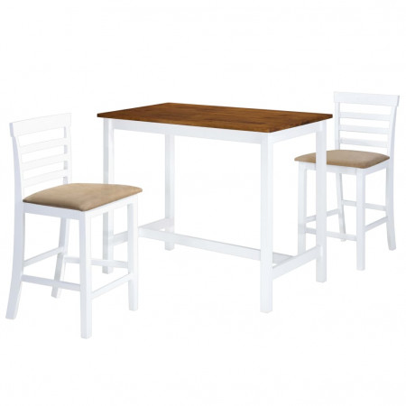 Set masă și scaune de bar, 3 piese, lemn masiv, maro și alb - Img 1