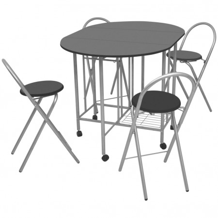 Set masă și scaune de bucătărie pliante MDF, negru, 5 piese - Img 1