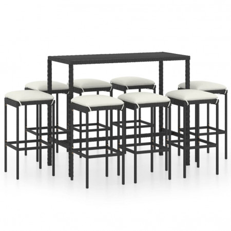 Set mobilier bar de grădină cu perne, 9 piese, negru, poliratan