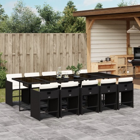 Set mobilier de exterior cu perne, 11 piese, negru, poliratan