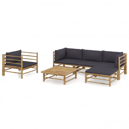 Set mobilier de grădină, 6 piese, perne gri închis, bambus