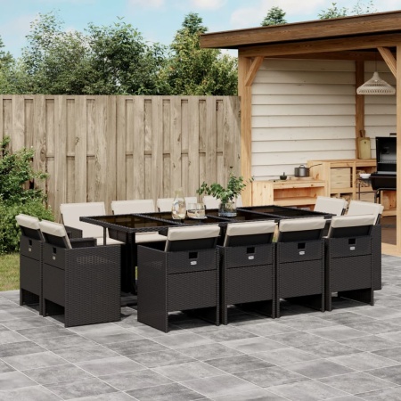 Set mobilier de grădină cu perne, 13 piese, negru, poliratan