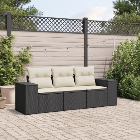 Set mobilier de grădină cu perne, 3 piese, negru, poliratan
