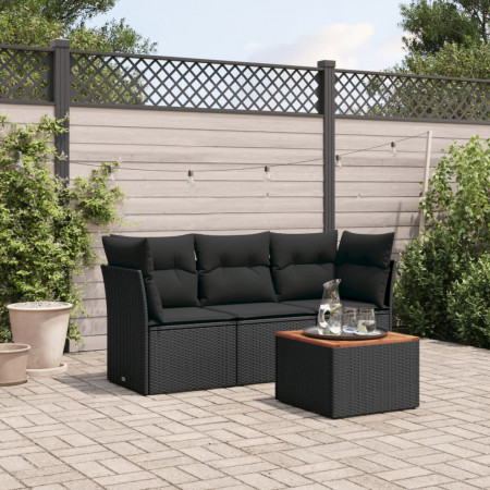 Set mobilier de grădină cu perne, 4 piese, negru, poliratan