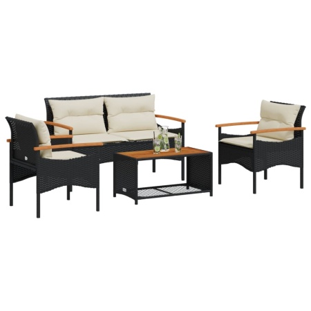Set mobilier de grădină cu perne, 4 piese, negru, poliratan
