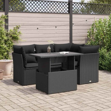 Set mobilier de grădină cu perne, 5 piese, negru, poliratan - Img 1