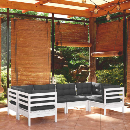 Set mobilier de grădină cu perne, 6 piese, alb, lemn de pin