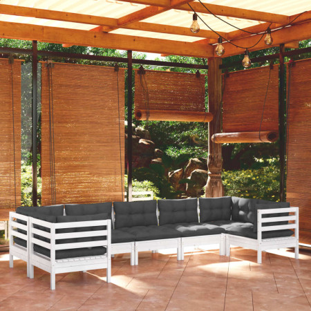 Set mobilier de grădină cu perne, 7 piese, alb, lemn masiv pin