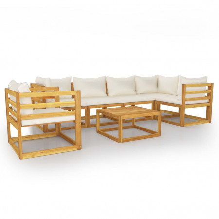 Set mobilier de grădină cu perne, 7 piese,crem, lemn masiv acacia