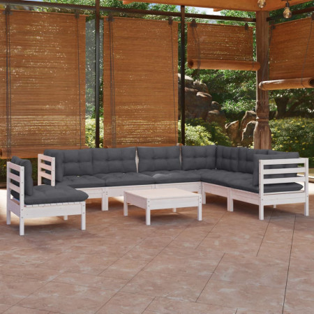Set mobilier de grădină cu perne, 8 piese, alb, lemn masiv pin
