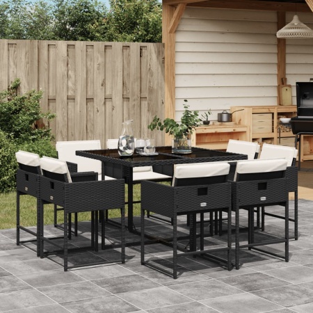 Set mobilier de grădină cu perne, 9 piese, negru, poliratan