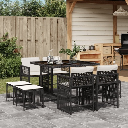 Set mobilier de grădină cu perne, 9 piese, negru, poliratan