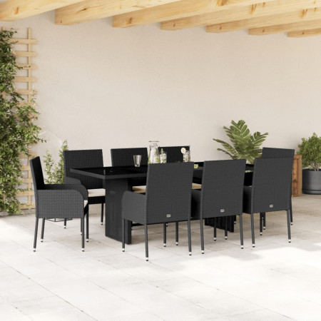 Set mobilier de grădină cu perne, 9 piese, negru, poliratan