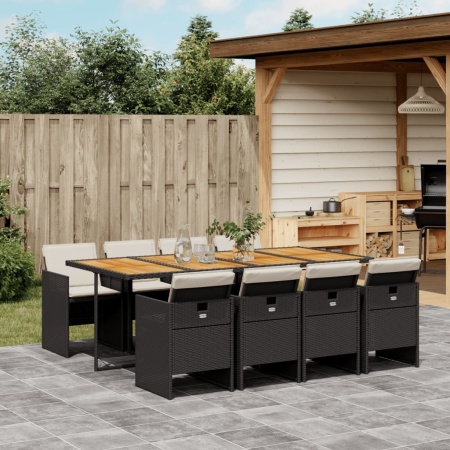 Set mobilier de grădină cu perne, 9 piese, negru, poliratan