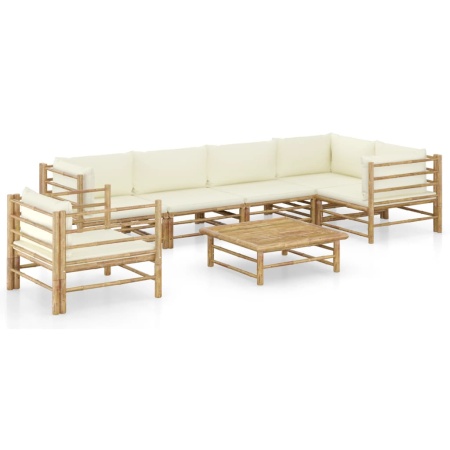 Set mobilier de grădină cu perne alb crem, 7 piese, bambus