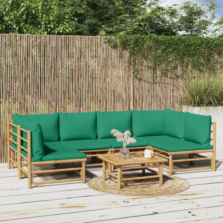 Set mobilier de grădină cu perne verzi, 7 piese, bambus - Img 1