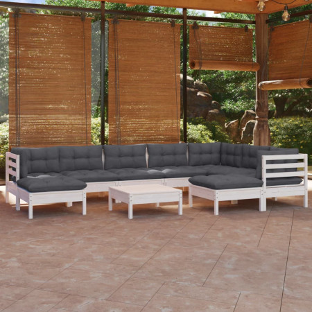 Set mobilier grădină cu perne, 10 piese, alb, lemn masiv pin