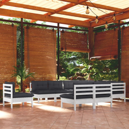 Set mobilier grădină cu perne, 10 piese, alb, lemn masiv pin