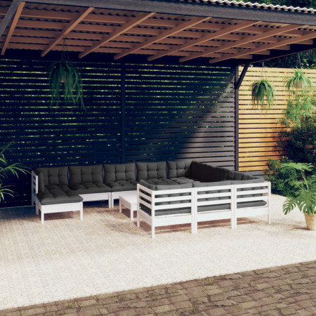 Set mobilier grădină cu perne, 12 piese, alb, lemn de pin