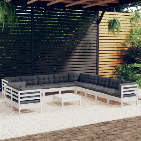 Set mobilier grădină cu perne, 12 piese, alb, lemn masiv pin
