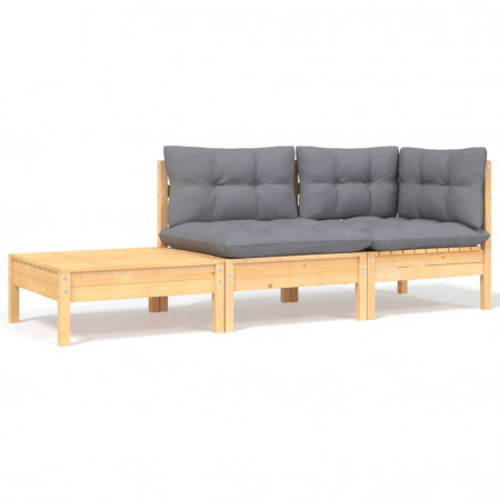 Set mobilier grădină cu perne, 3 piese, gri, lemn masiv pin