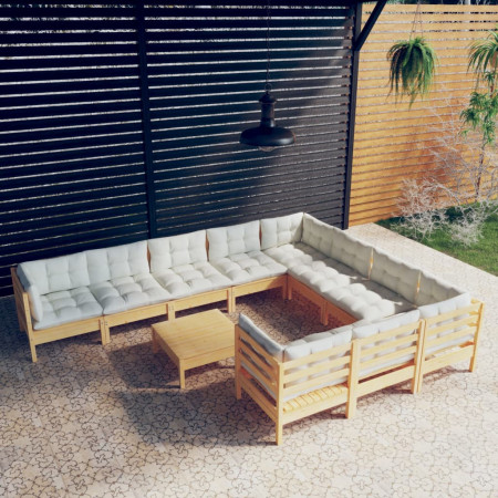 Set mobilier grădină cu perne crem, 11 piese, lemn de pin