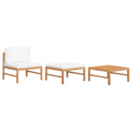 Set mobilier grădină cu perne crem, 3 piese, lemn de tec