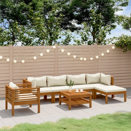 Set mobilier grădină cu perne crem, 7 piese, lemn masiv acacia