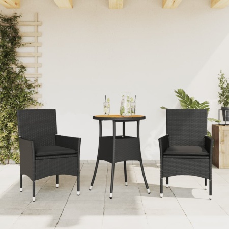 Set mobilier grădină perne 3 piese negru poliratan/lemn acacia