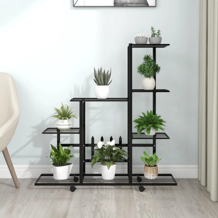 Suport pentru flori cu roți, 94,5x25x92,5 cm, negru, metal