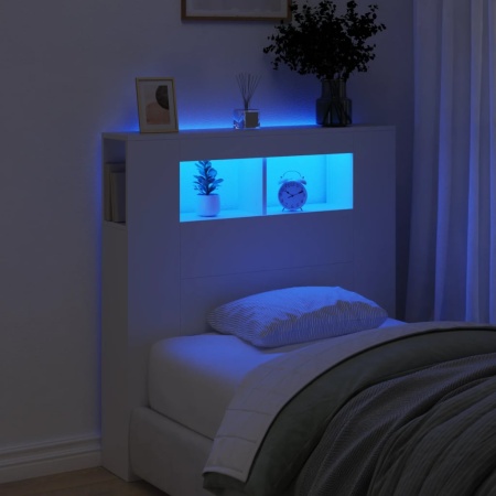 Tăblie de pat cu LED, alb, 100x18,5x103,5 cm, lemn