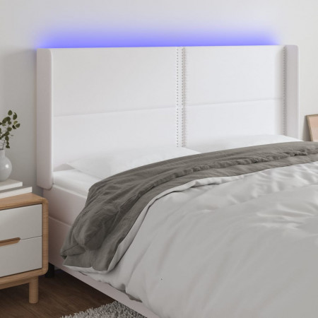 Tăblie de pat cu LED, alb, 203x16x118/128 cm, piele ecologică - Img 1