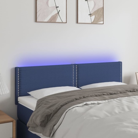 Tăblie de pat cu LED, albastru, 144x5x78/88 cm, textil