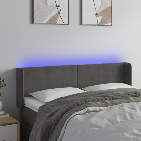 Tăblie de pat cu LED, gri închis, 147x16x78/88 cm, catifea